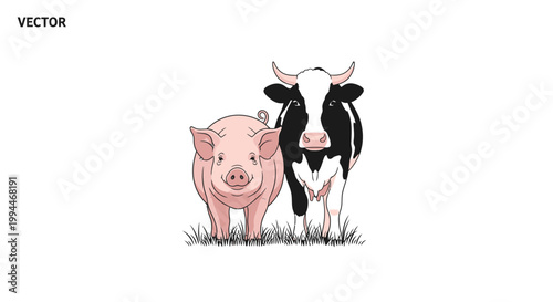 Cartoon pig and cow standing together against white background