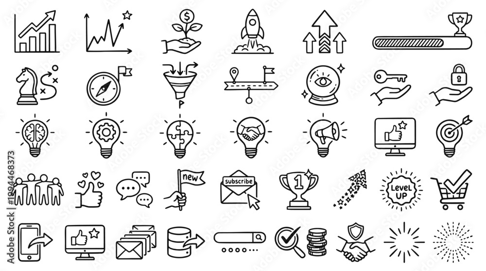 Naklejka premium Premium Business and Marketing Outline Icon Set. Essential strategy, growth, and startup vector symbols for modern UI design and corporate presentations.