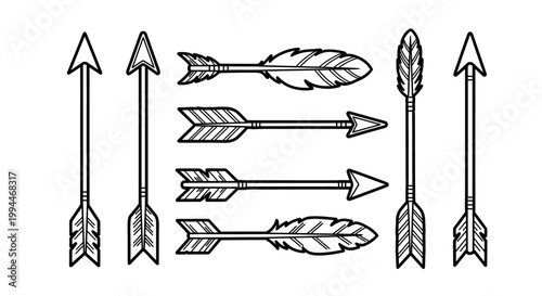 Illustrated arrows collection in black and white isolated on white background