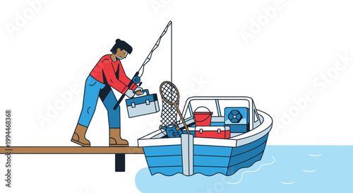 Fisherman preparing to cast a line from a small boat on a calm water