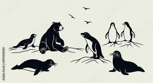 Black silhouettes of polar bear penguins and seals.