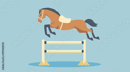 A brown horse in mid-air leaping over a jumping obstacle. Simple flat illustration