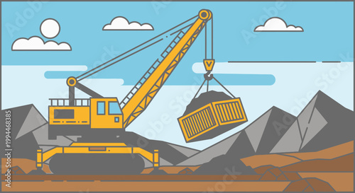 Industrial crane lifting load against sky and landscape illustration
