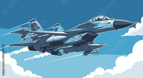 Modern jet fighter aircraft flying in sky against clouds vector illustration