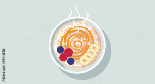 Overhead view of a bowl of oatmeal with fruit and sauce illustration