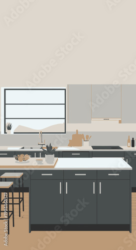 Modern kitchen interior design illustration with island and counter