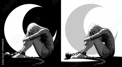 Melancholy woman in chains sitting before crescent moon, sad girl shackled with ball and chain, emotional mental health concept vector illustration