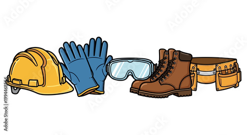 Safety equipment illustration with hard hat gloves goggles and boots