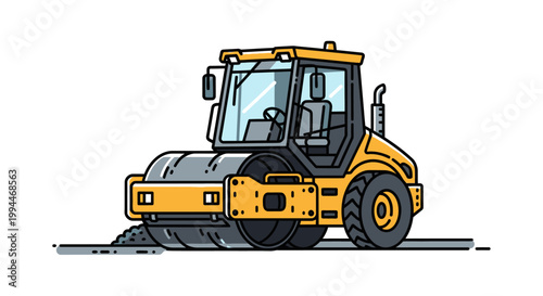 Road roller compacting asphalt vector illustration isolated on white background