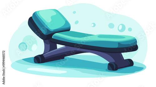 A stylized illustration of an adjustable weight bench in shades of blue and teal with a light blue background