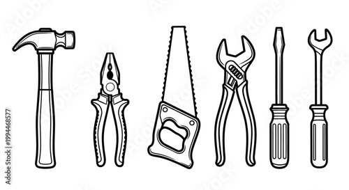 Set of various hand tools silhouetted in black and white for design