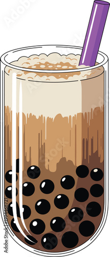 Bubble Tea Delight: A refreshing iced milk tea with creamy foam topping and chewy tapioca pearls in a clear glass cup with a vibrant purple straw, perfect for summer drinks, cafe menus, culinary prese