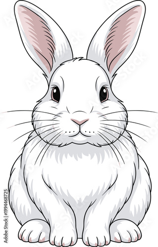 Adorable fluffy white rabbit sitting front view, front-facing illustration, cute, cuddly, Easter bunny, springtime symbol, pet animal, a companion for holidays, celebrations, children's stories, and d