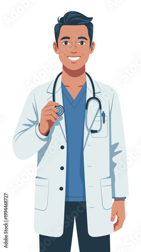 Friendly Young Male Doctor in White Lab Coat Holding Stethoscope, Smiling Confidently in Professional Medical Setting: Healthcare Professional Offering Care, Expertise, and Trust for Modern Healthcare