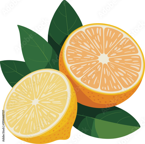 Vibrant Citrus Slices, Fresh Oranges and Lemons, Juicy Fruit Halves with Green Leaves, Artistic Illustration, Healthy Food Concept for Summer Refreshment, Detox Diet, Culinary Inspiration, Natural Vib