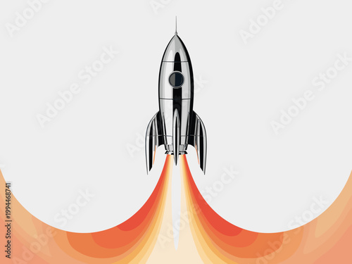 Sleek Chrome Rocket Launching Upward with Fiery Exhaust and Orange Gradient Background, Symbolizing Innovation, Success, and Futuristic Technology for Business Growth, Startups, and Space Exploration