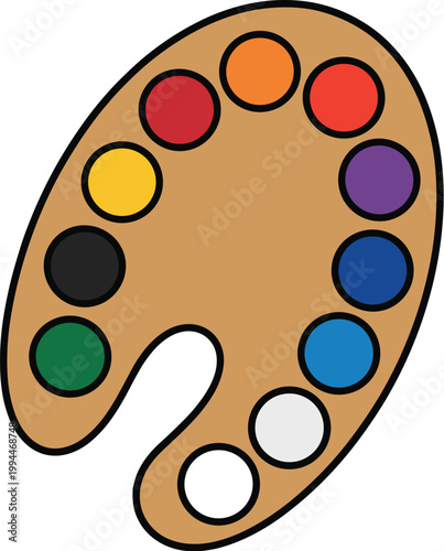 Colorful Artist's Palette with Round Paint Swatches Isolated on White Background, Art Studio Tool for Creative Expression, Painting School Supplies and Crafting Inspiration, Digital Illustration, Vibr