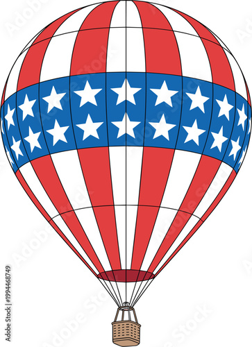 Patriotic American Hot Air Balloon Festive Celebration Adventure Travel Freedom Excitement Holiday Independence Day Event Voyage Exploration Leisure Activity Americana Celebration, Retro Style Illustr