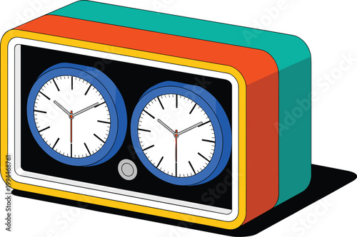 Retro alarm clock with dual faces and vibrant colorful case, graphic illustration of a vintage timepiece for home decor or retro-themed design projects, symbolizing time management, scheduling, or vin