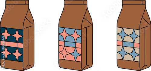 Three Modern Brown Paper Bags Displaying Unique Star Patterns in Teal, Pink, and Blue Colors, Ideal for Packaging Design Concepts, Retail Display Visuals, Coffee Shop Branding, Boutique Product Presen