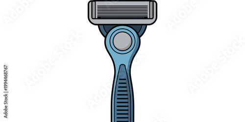Close-up graphic illustration of a clean, modern blue razor with multiple sharp blades for shaving facial hair or body grooming, isolated on a clean white background, symbolizing personal hygiene, men