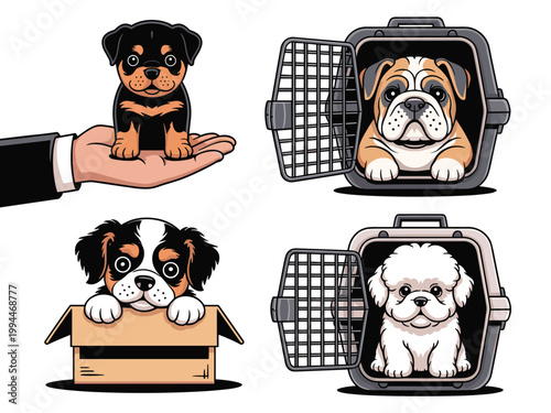 Adorable Puppy Collection: Tiny Rottweiler on Hand, Bulldog in Carrier, Cavalier in Box, Bichon Frise in Crate for Pet Care, Adoption, Veterinary Services, Animal Rescue, Dog Lovers' Perfect Design As