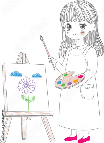 Adorable little girl artist, joyfully painting a colorful flower and blue clouds on an easel with a brush and vibrant palette, practicing creativity and artistic expression in a bright, clean studio s