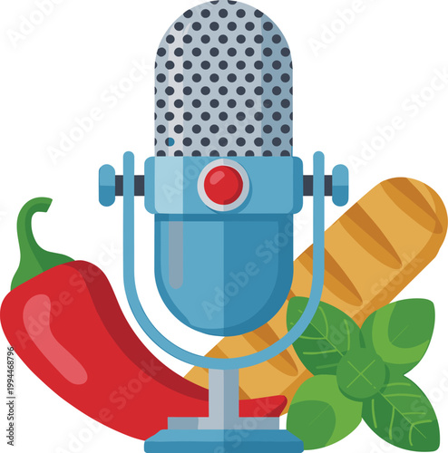 Culinary Podcast Microphone with Fresh Ingredients: Red Chili Pepper, Crusty Bread Loaf, and Green Basil Leaves - Ideal for Food Blogger, Recipe Show, Gastronomy Media, Restaurant Promotion, Catering