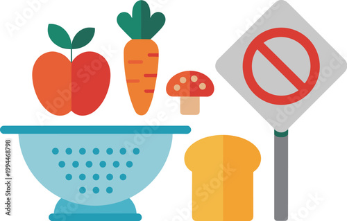 Healthy Diet Concept: Fresh Apple, Carrot, and Mushroom in Blue Colander with Bread Slice and No Eating Sign, Minimalist Flat Design, Isolated on White Background, Nutritional Information, Dieting, We