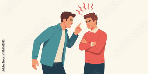 Angry Men arguing aggressively, pointing fingers in confrontation, demonstrating conflict, showing disagreement and stress, representing professional disputes, interpersonal tension, and difficult cli