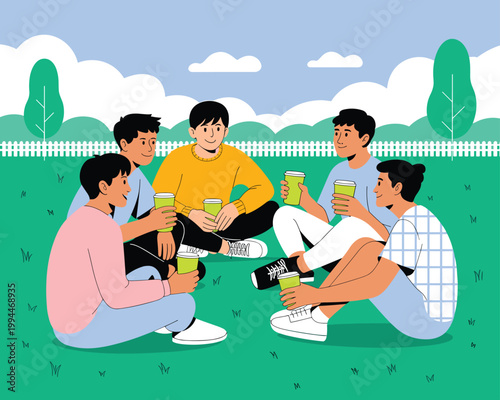 Diverse group of young men friends enjoying a picnic and conversation on a sunny summer day in a lush green park, sharing drinks and bonding on a lawn with trees and clouds overhead, symbolizing frien