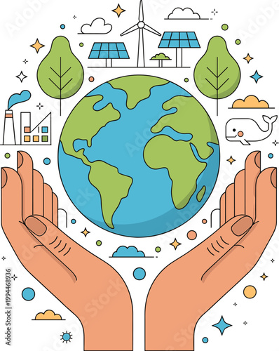 Caring Hands Gently Protecting Planet Earth, Symbolizing Global Environmental Protection and Sustainable Future. Featuring Renewable Energy Sources Like Wind Turbines and Solar Panels alongside Green