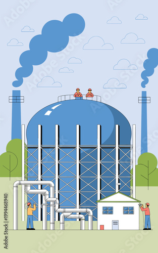Energetic industrial workers oversee large blue gas storage tank and complex piping system at energy facility, emitting blue smoke plumes from chimneys under a cloudy sky; conceptualizing heavy indust