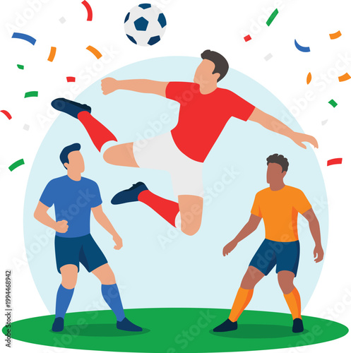 Dynamic Soccer Match in a Stadium with Confetti Showering - Diverse Athletes Competing in a High-Energy Sports Event, Capturing the Excitement and Competition of a Football Game, Perfect for Sports Ma