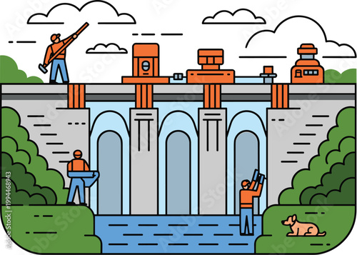 Construction workers and engineers collaborating on a modern dam infrastructure project, performing maintenance and repairs on water control gate systems for hydroelectric power generation, environmen