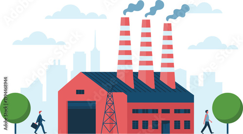 Industrial Factory with Smokestacks Emitting Smoke, Busy City Skyline Background with Skyscrapers and Businessmen Walking in a Modern Cityscape Concept Representing Industrialization, Pollution, Manuf