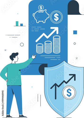 Financial Advisor Illustrates Growth and Security: Man points to chart with piggy bank and rising coins, symbolizing investment success, wealth accumulation, and financial safety. Digital art, flat de