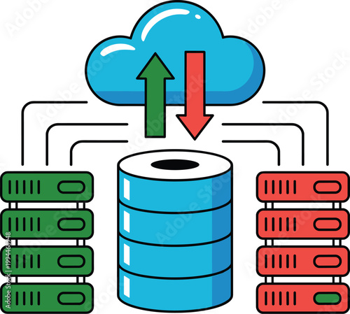 Cloud Computing Concept - Data Servers and Network Connection illustrating Upload and Download Arrows to a Central Database Storage System, Technology and Digital Information Transfer for Business and
