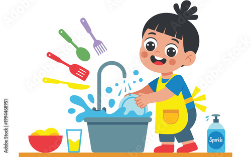 Joyful young child, wearing a bright yellow apron over a blue shirt, happily washing dishes in a sink full of bubbly water at home, learning chores and household responsibility, with colorful kitchen