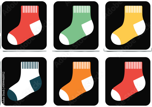 Collection of six colorful, graphic patterned socks arranged in two rows on a dark teal background, representing laundry, fashion, comfort, and fun for kids and adults, versatile for advertising, webs