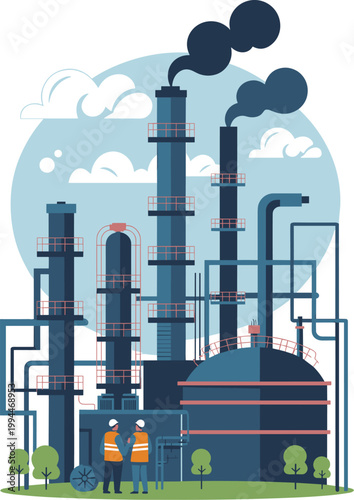 Industrial factory with tall smokestacks emitting black smoke against a blue sky with clouds, showing heavy industry infrastructure and chemical processing, representing pollution, manufacturing, and