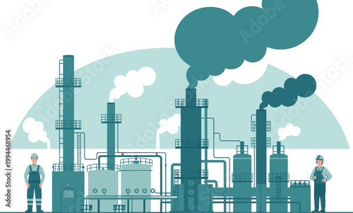 Industrial Factory Plant with Smoky Chimneys, Workers Monitoring Operations, Representing Manufacturing, Production, and Environmental Concerns, Modern Flat Design Illustration for Business and Corpor