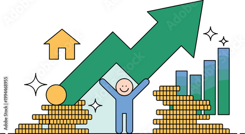 Dynamic business growth and financial success illustrated with a cheerful person holding an upward trending green arrow amidst stacks of coins and house graphic symbolizing real estate investment, set