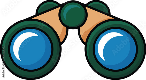 Illustrated cartoon binoculars with bright blue lenses and green and tan bodies, depicted against a crisp white background, symbolizing discovery, exploration, and observation on an adventure or in pu