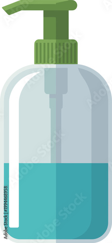 Transparent Hand Sanitizer Bottle with Green Pump Dispenser, Personal Hygiene Essential Product, Antibacterial Gel for Cleansing and Germ Prevention, Home or Travel Use, Modern Flat Design Illustratio