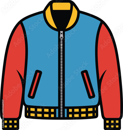 Retro Bomber Jacket Illustration - Vintage Varsity Style Outerwear with Red Sleeves and Blue Body, Featuring Zipper and Pockets, Clean Graphic Design for Fashion, Apparel, and Nostalgic Branding Proje