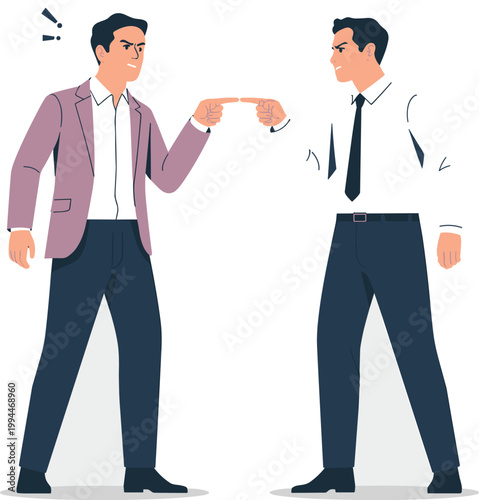 Two angry businessmen arguing intensely, pointing fingers at each other in confrontation, a heated business dispute or conflict with tense communication, representing workplace stress or office politi