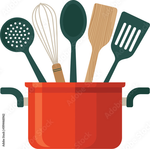 Collection of Essential Kitchen Utensils Including a Skimmer, Whisk, Large Spoon, Wooden Spatula, and Slotted Spatula Arranged Inside a Vibrant Red Cooking Pot, Ideal for Culinary Themes, Home Cooking