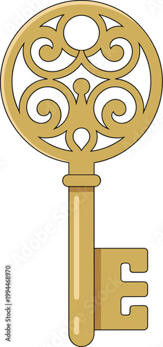 Elegant Gold Antique Skeleton Key with Ornate Filigree and Intricate Scrollwork, Unlocking Secrets and Opportunities, Representing Access, Security, and Vintage Charm in a Clean White Studio Backgroun