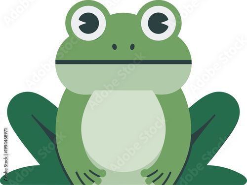 Charming illustration of a cute, friendly cartoon frog sitting peacefully on a plain light gray background, ideal for educational, nature, children's books, or playful design projects, featuring a cle